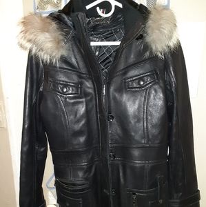 Italian lamb leather coat silver fox fur collar M